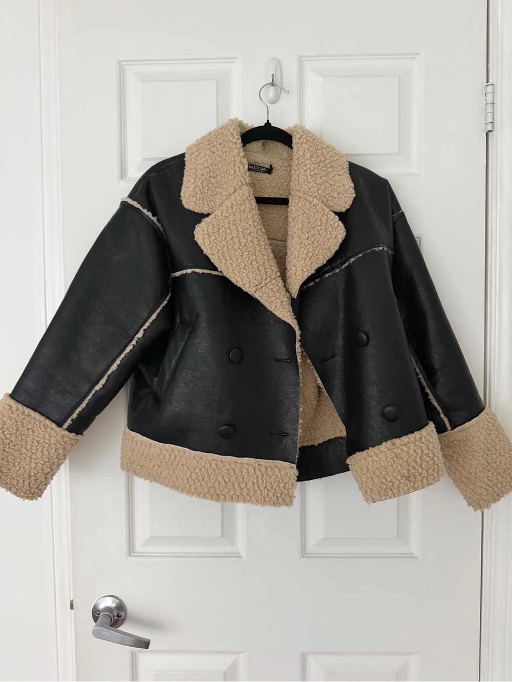Nasty Gal Black Shearling Faux Leather Jacket with Cream Lining